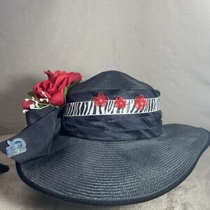 Whittall & Shon Womens Black Red Floral Derby Church Hat Pegasus Pin Wedding‎